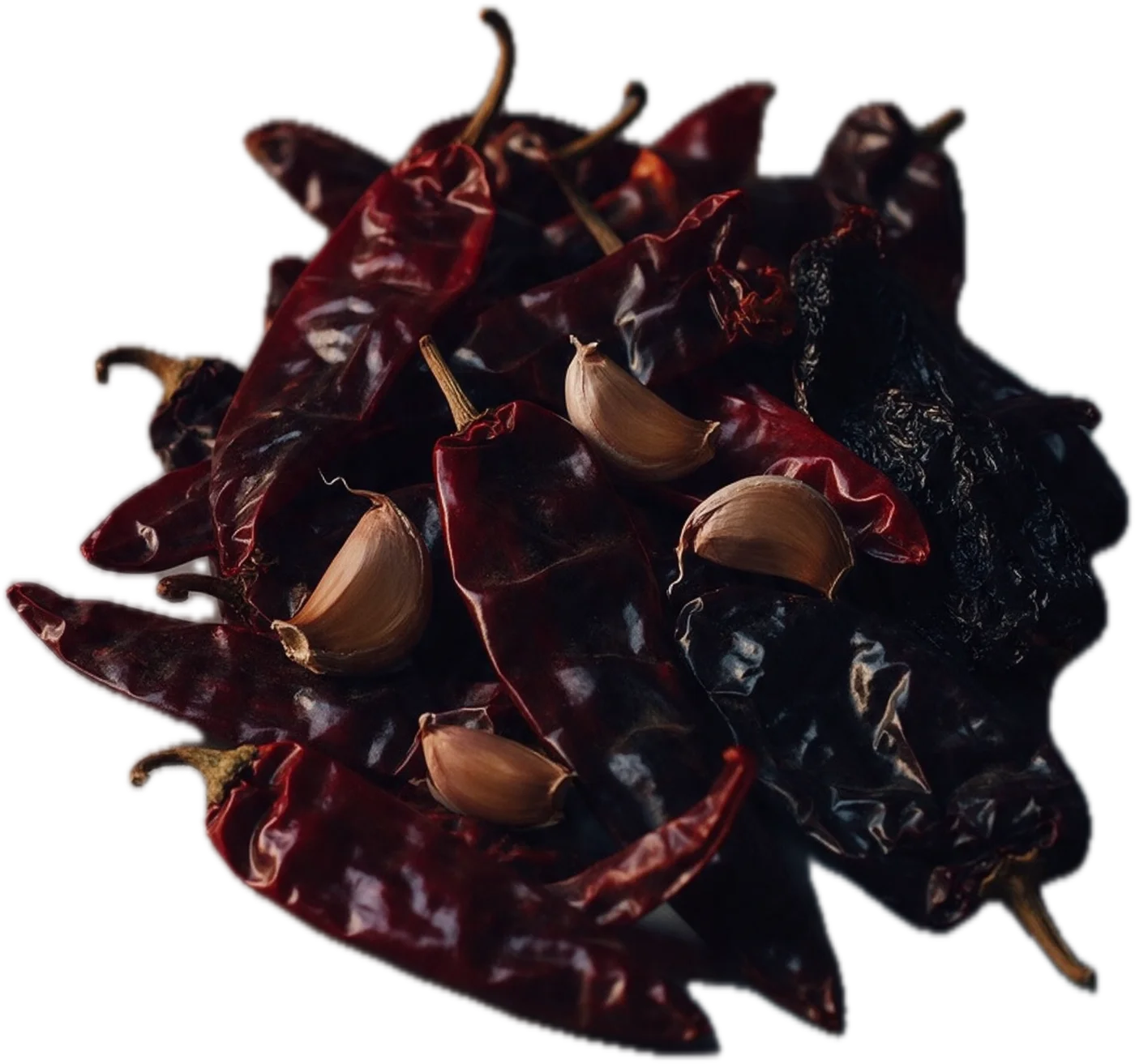 A pile of dried guajillo and ancho chiles with garlic cloves.