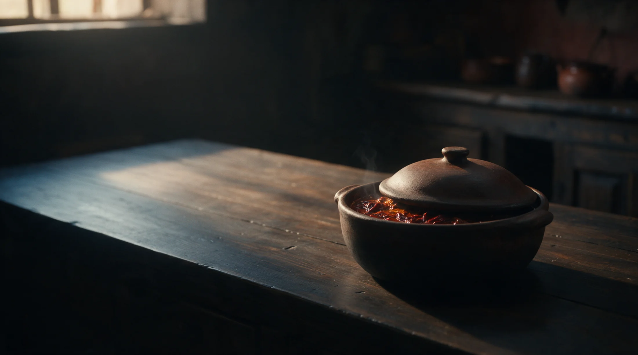 A dark kitchen counter in morning light. A terracotta pot sits with its lid on, a wisp of steam at the rim.