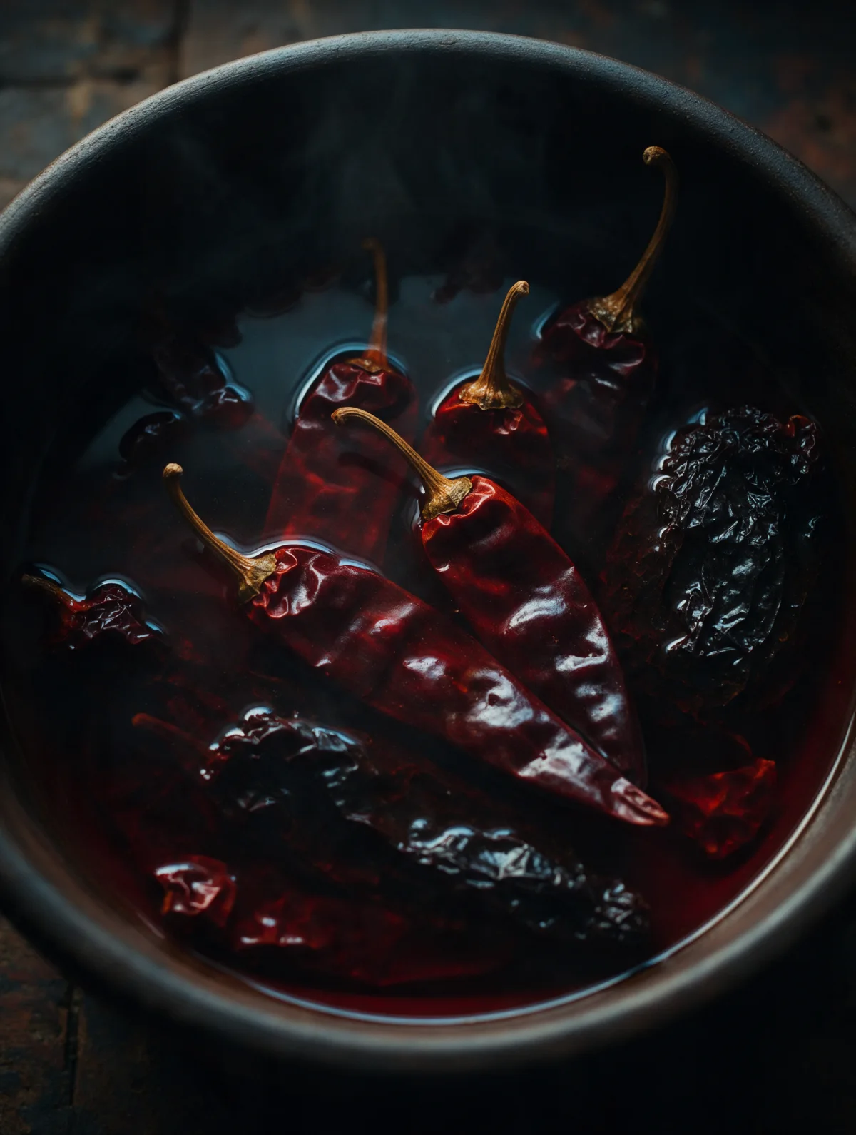 Dried chiles softening in a clay bowl of hot water, the water stained deep red.