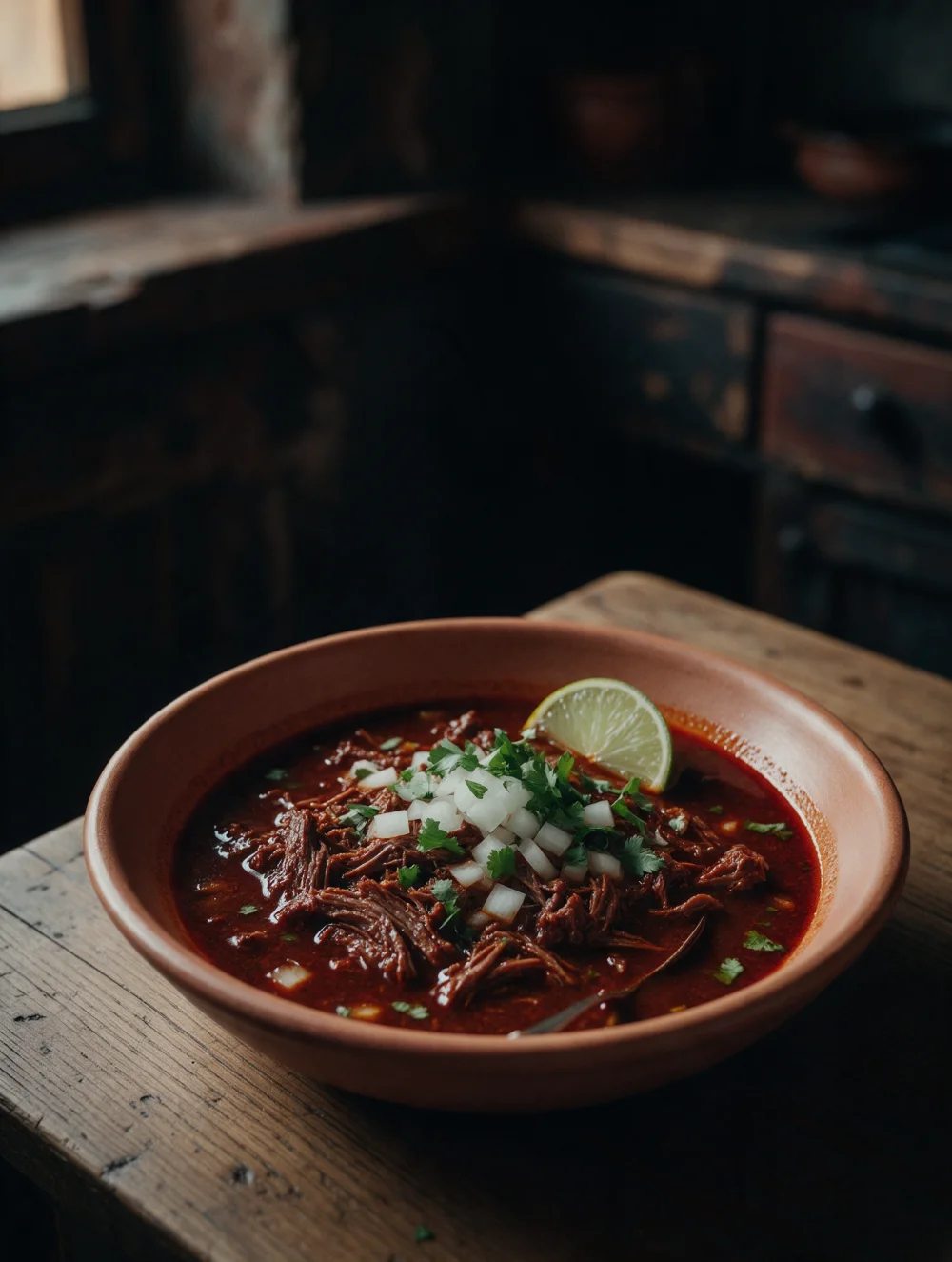 A wide terracotta bowl of birria with onion, cilantro and lime on top.