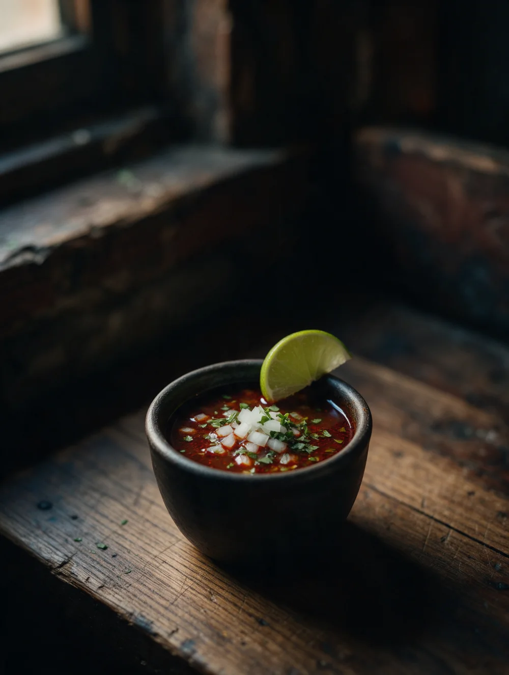 A small clay cup of birria consommé with diced onion, cilantro and a lime wedge.