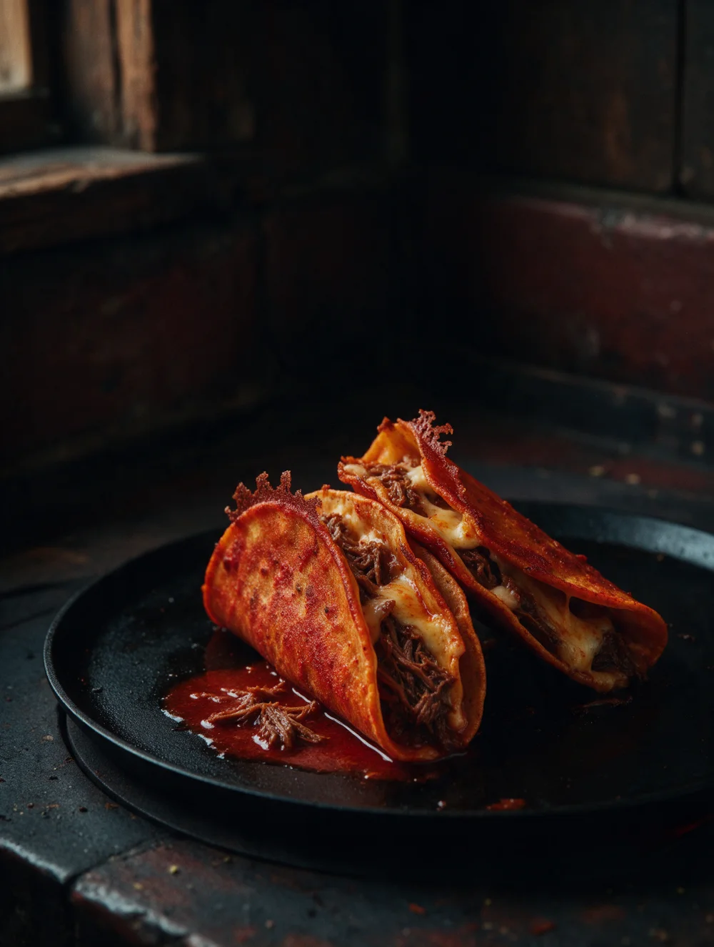 Two quesabirria tacos on a black comal, tortillas stained red, cheese and beef spilling out.