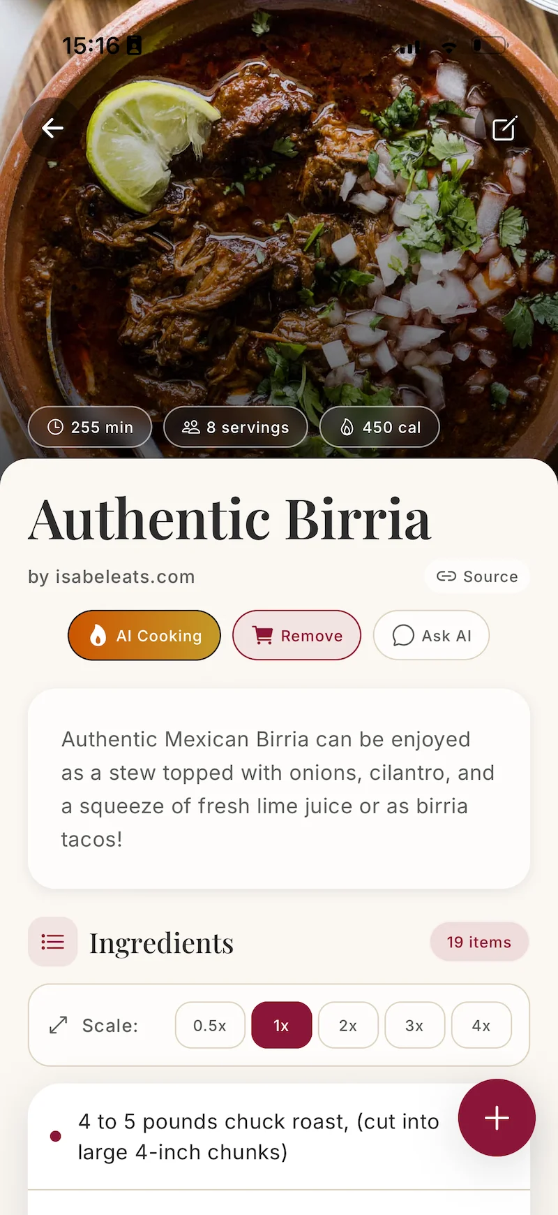 The Authentic Birria recipe open in the Foodie app: 255 minutes, 8 servings, with scale, AI cooking and shopping list controls.